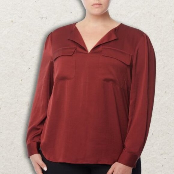 Jones New York Blouse Women's 1X Brick Red Button Up V-neckline Long Sleeves NWT - Picture 1 of 7